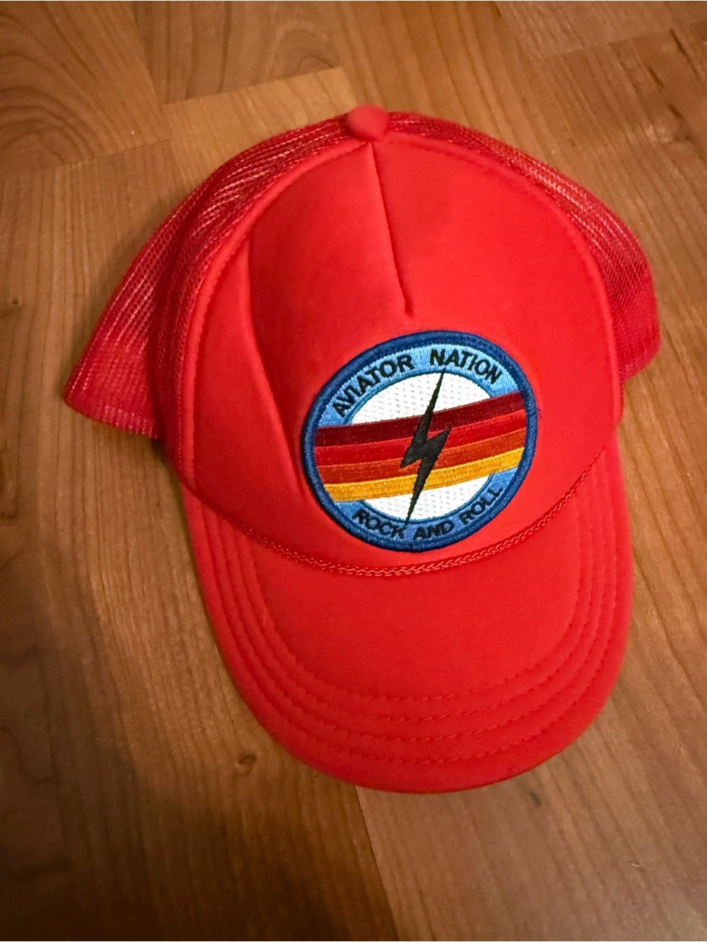 Aviator Nation Bolt Trucker Hat in Red with Rock and roll logo patch unisex